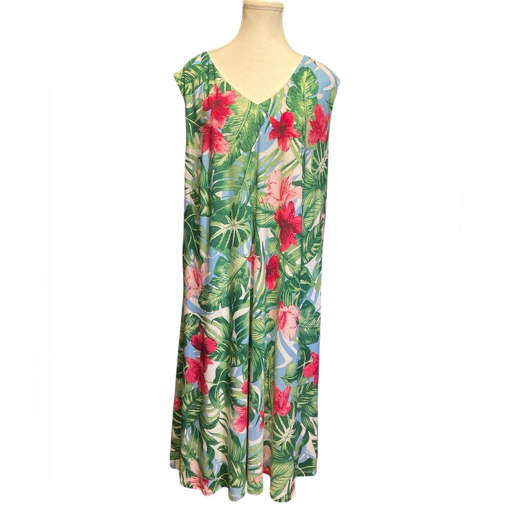 Pappagallo Green Pink V Neck Midi Sundress